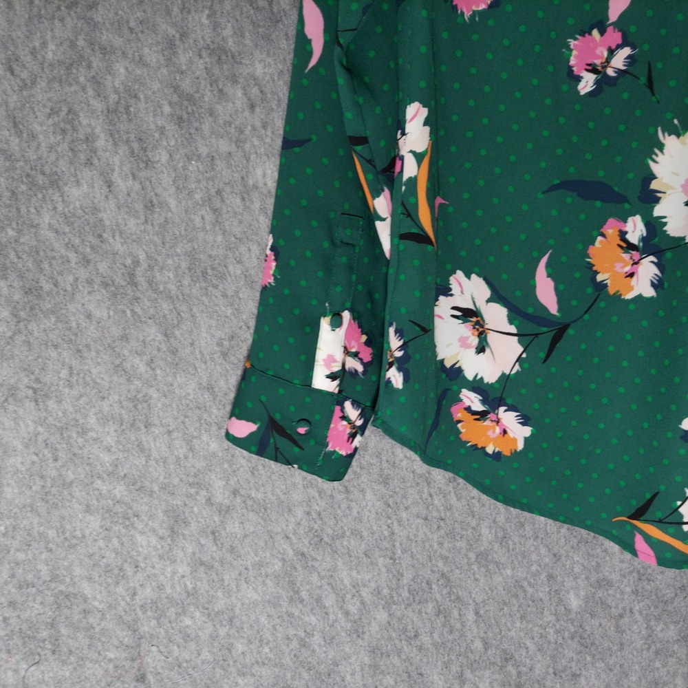 Express Womens Portofino Blouse S Green Floral Polka Dot Slim Roll Tab Top - Picture 6 of 8